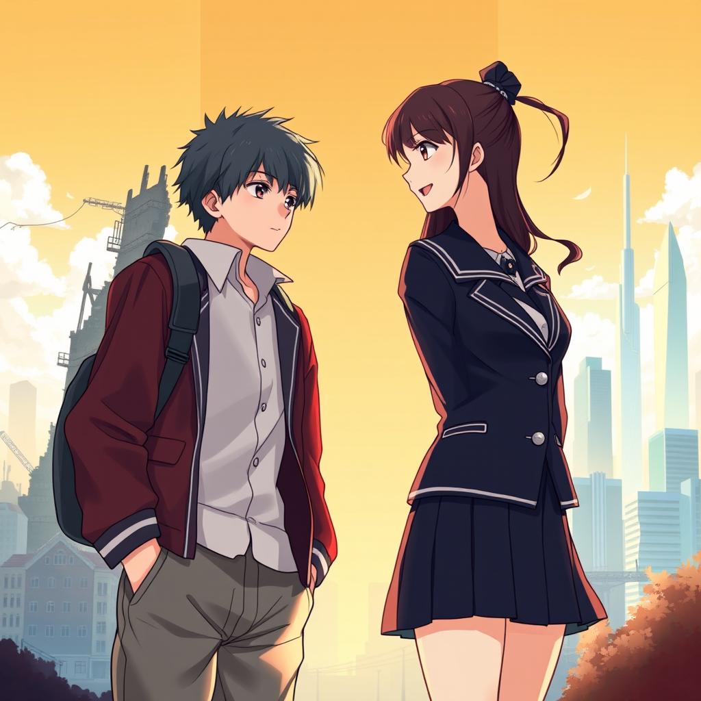 Create an anime-style cover showing a high school man and woman standing on opposite sides of a city with huge contrast colors (dark on the man and bright on the woman), symbolizing a social divide