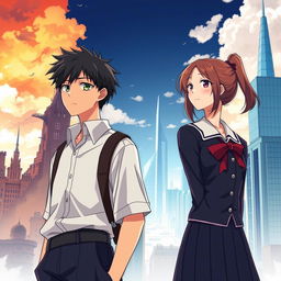 Create an anime-style cover showing a high school man and woman standing on opposite sides of a city with huge contrast colors (dark on the man and bright on the woman), symbolizing a social divide