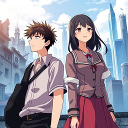 Create an anime-style cover showing a high school man and woman standing on opposite sides of a city with huge contrast colors (dark on the man and bright on the woman), symbolizing a social divide