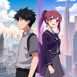 Create an anime-style cover showing a high school man and woman standing on opposite sides of a city with huge contrast colors (dark on the man and bright on the woman), symbolizing a social divide