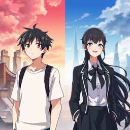 Create an anime-style cover showing a high school man and woman standing on opposite sides of a city with huge contrast colors