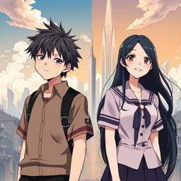 Create an anime-style cover showing a high school man and woman standing on opposite sides of a city with huge contrast colors