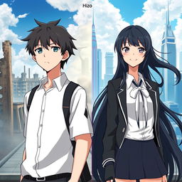 Create an anime-style cover showing a high school man and woman standing on opposite sides of a city with huge contrast colors