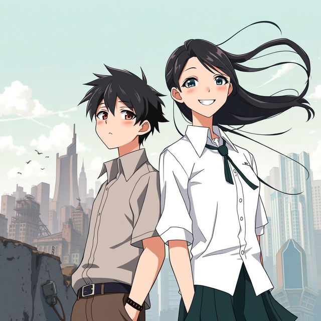 Create an anime-style cover showing a high school man and woman standing on opposite sides of a city with huge contrast colors