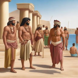 A realistic, historical image featuring Phoenician people in traditional attire, engaged in everyday activities