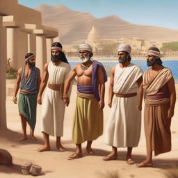 A realistic, historical image featuring Phoenician people in traditional attire, engaged in everyday activities