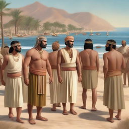 A realistic, historical image featuring Phoenician people in traditional attire, engaged in everyday activities