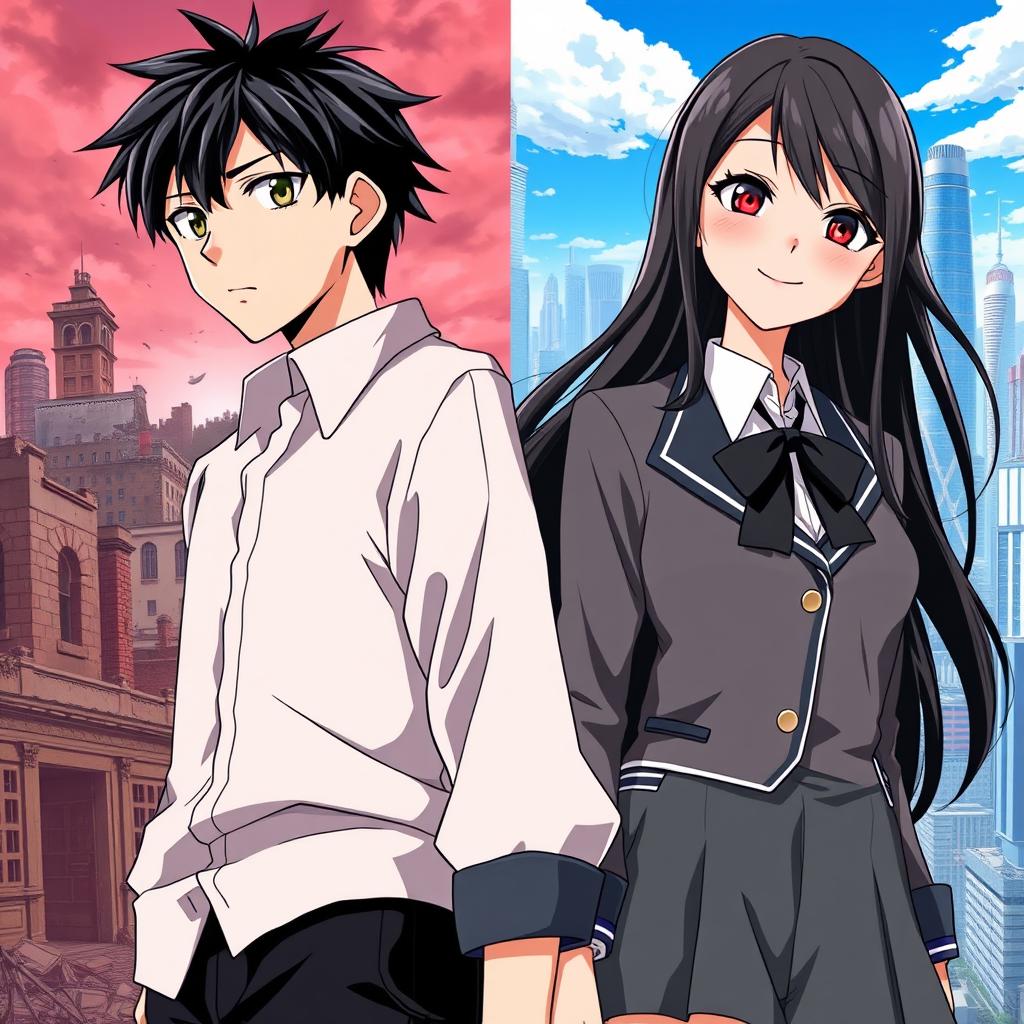 Create an anime-style cover showing a high school man and woman standing on opposite sides of a city with huge contrast colors