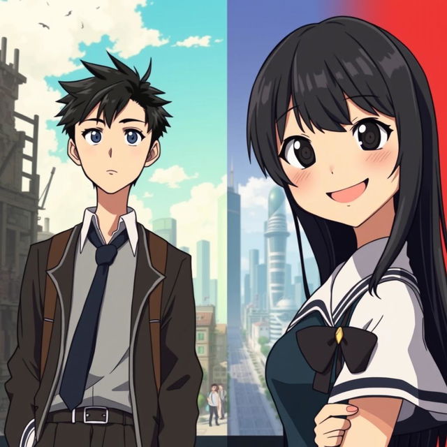 Create an anime-style cover showing a high school man and woman standing on opposite sides of a city with huge contrast colors