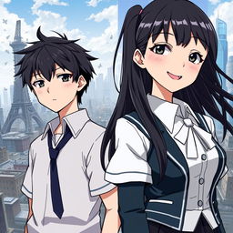 Create an anime-style cover showing a high school man and woman standing on opposite sides of a city with huge contrast colors