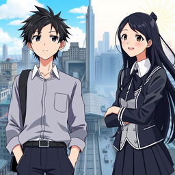 Create an anime-style cover showing a high school man and woman standing on opposite sides of a city with huge contrast colors