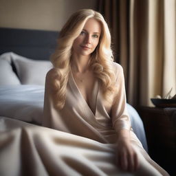 A beautiful blonde woman with long, flowing hair sits elegantly on a chair