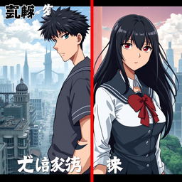 Create an anime-style cover showing a high school man and woman standing on opposite sides of a city with huge contrast colors