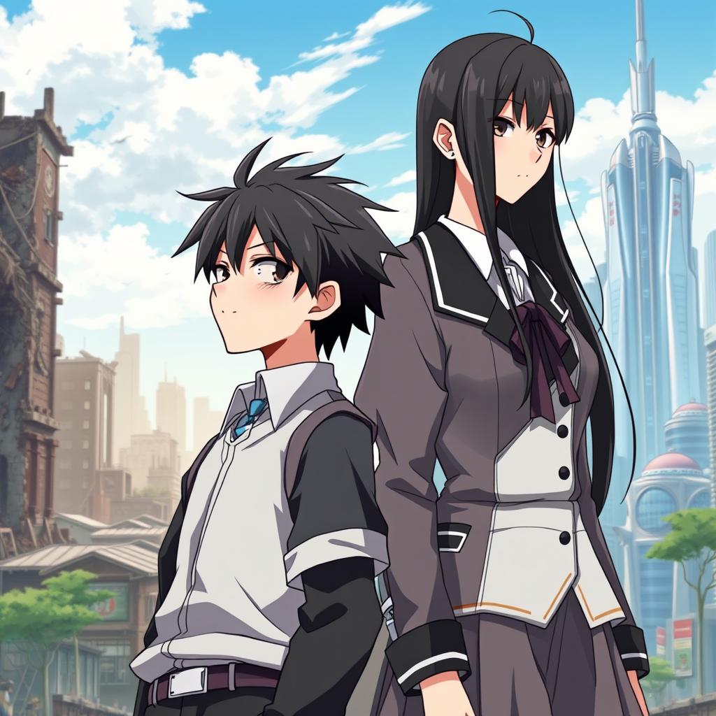 Create an anime-style cover showing a high school man and woman standing on opposite sides of a city with huge contrast colors