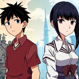 Create an anime-style cover showing a high school man and woman standing on opposite sides of a city with huge contrast colors