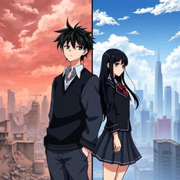 Create an anime-style cover showing a high school man and woman standing on opposite sides of a city with huge contrast colors