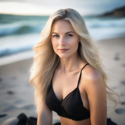 A beautiful blonde woman with long, flowing hair sits elegantly on a beach