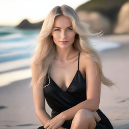 A beautiful blonde woman with long, flowing hair sits elegantly on a beach