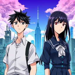 Create an anime-style cover showing a high school man and woman standing on opposite sides of a city with huge contrast colors