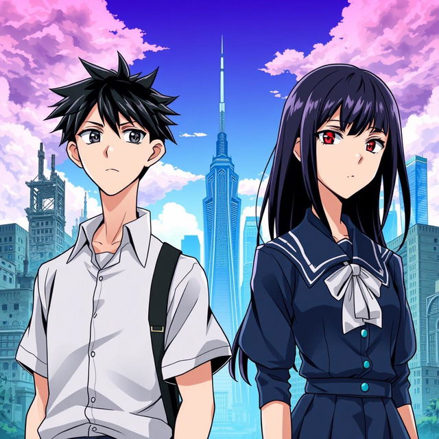 Create an anime-style cover showing a high school man and woman standing on opposite sides of a city with huge contrast colors