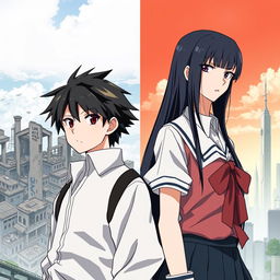 Create an anime-style cover showing a high school man and woman standing on opposite sides of a city with huge contrast colors