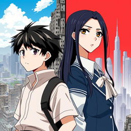 Create an anime-style cover showing a high school man and woman standing on opposite sides of a city with huge contrast colors