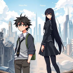 Create an anime-style cover showing a high school man and woman standing on opposite sides of a city with huge contrast colors