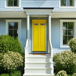 Generate an image of a stylish house painted in a combination of cool pastel shades of blue and grey, with white trims. The front door should be a bold, bright yellow for contrast.