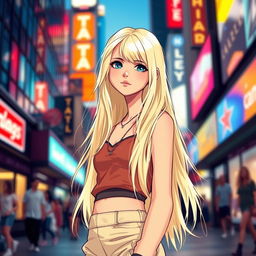 A blonde girl with long hair, wearing a stylish outfit, standing confidently