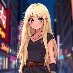 A blonde girl with long hair, wearing a stylish outfit, standing confidently