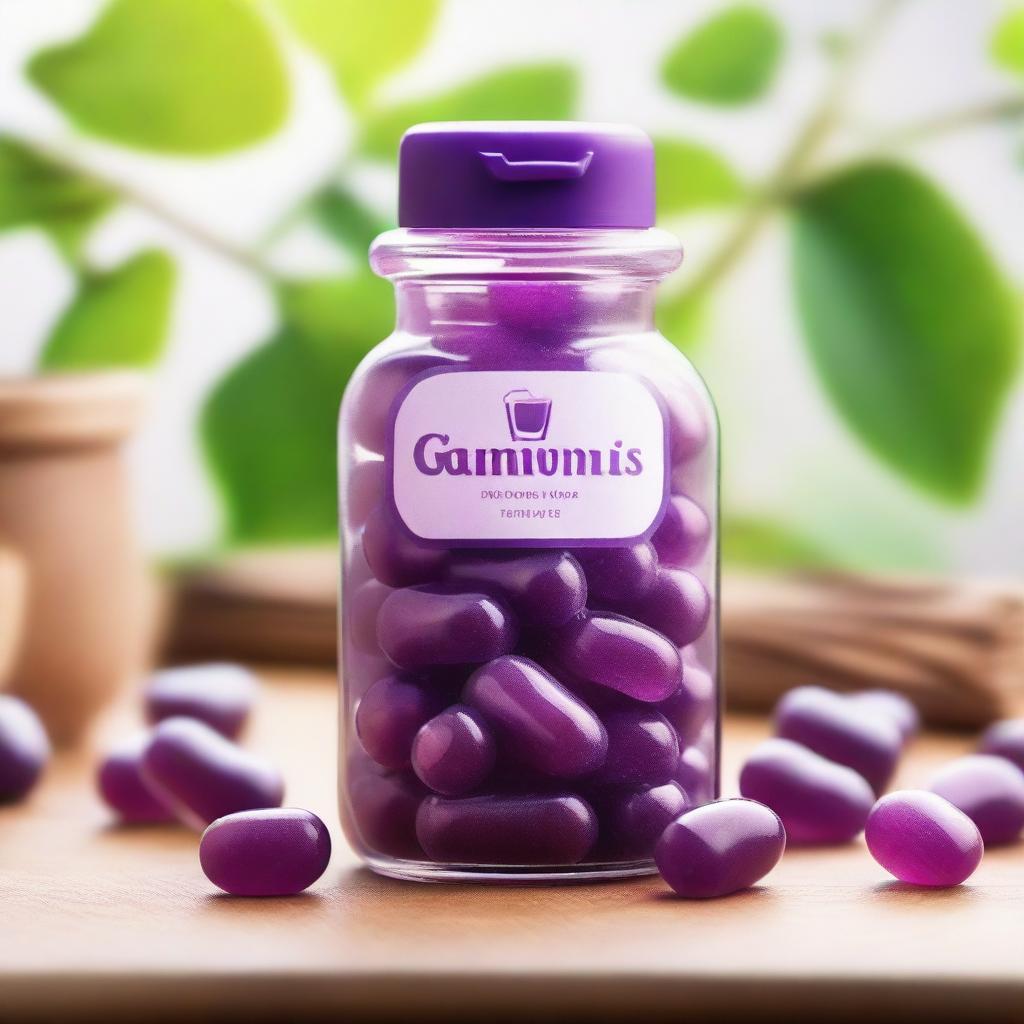 A sweet grape-flavored gummy bottle placed on a table