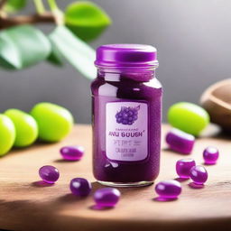 A sweet grape-flavored gummy bottle placed on a table