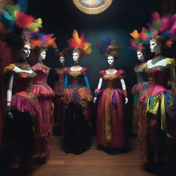 A dark workshop filled with mannequins dressed in vibrant carnival costumes