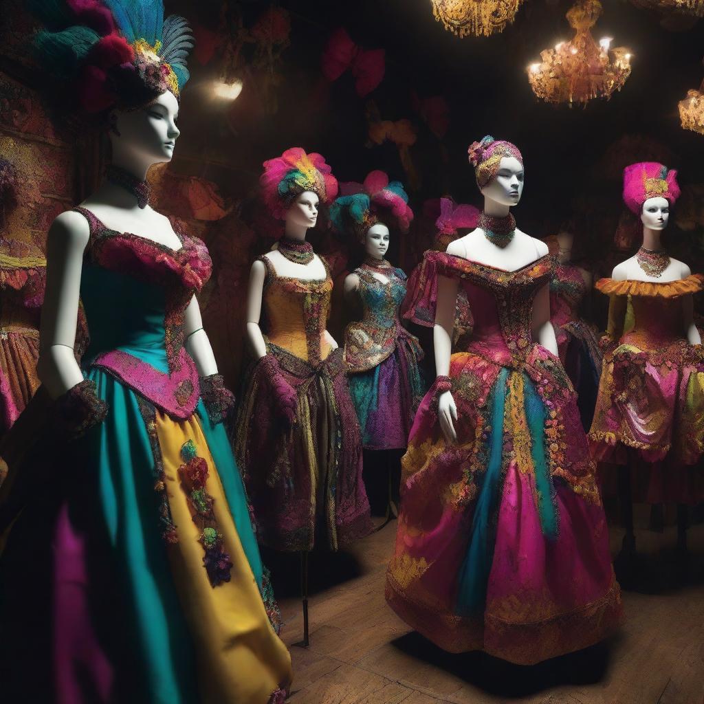 A dark workshop filled with mannequins dressed in vibrant carnival costumes