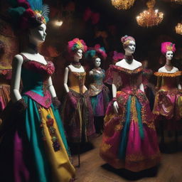 A dark workshop filled with mannequins dressed in vibrant carnival costumes