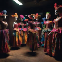 A dark workshop filled with mannequins dressed in vibrant carnival costumes