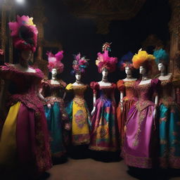 A dark workshop filled with mannequins dressed in vibrant carnival costumes