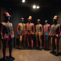 A dark workshop filled with mannequins dressed in vibrant men's carnival costumes