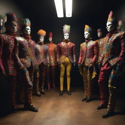 A dark workshop filled with mannequins dressed in vibrant men's carnival costumes