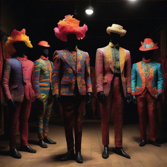 A dark workshop filled with mannequins dressed in vibrant men's carnival costumes