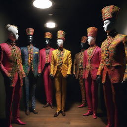 A dark workshop filled with mannequins dressed in vibrant men's carnival costumes