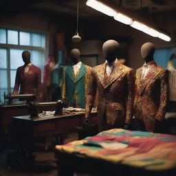 A dark workshop filled with mannequins dressed in vibrant men's carnival costumes and tailors working on sewing machines