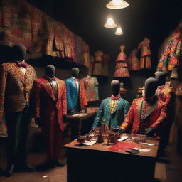 A dark workshop filled with mannequins dressed in vibrant men's carnival costumes and tailors working on sewing machines