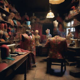 A dark workshop filled with mannequins dressed in vibrant men's carnival costumes and tailors working on sewing machines