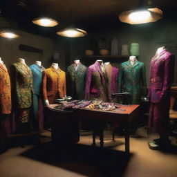 A dark workshop filled with mannequins dressed in vibrant men's carnival costumes and tailors working on sewing machines