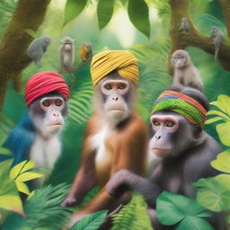 A vibrant and lively scene in the jungle featuring monkeys of different species