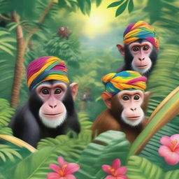 A vibrant and lively scene in the jungle featuring monkeys of different species