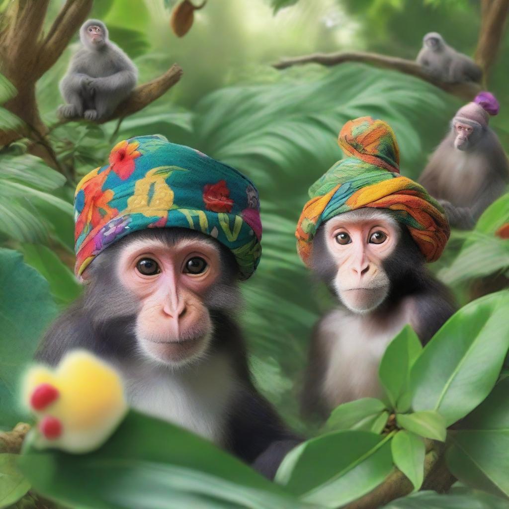 A vibrant and lively scene in the jungle featuring monkeys of different species