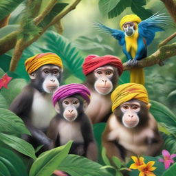 A vibrant and lively scene in the jungle featuring monkeys of different species