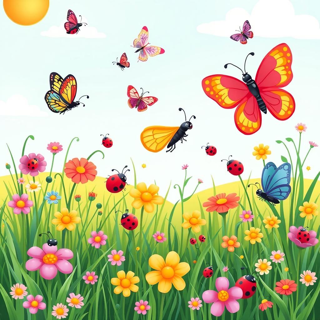 A whimsical and colorful garden filled with butterflies, ladybugs, and other friendly insects